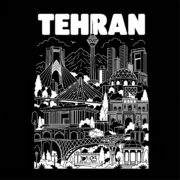 تیشرت مشکی پنبه ای با طرح سفید نمادهای شهر تهران و نوشته TEHRAN