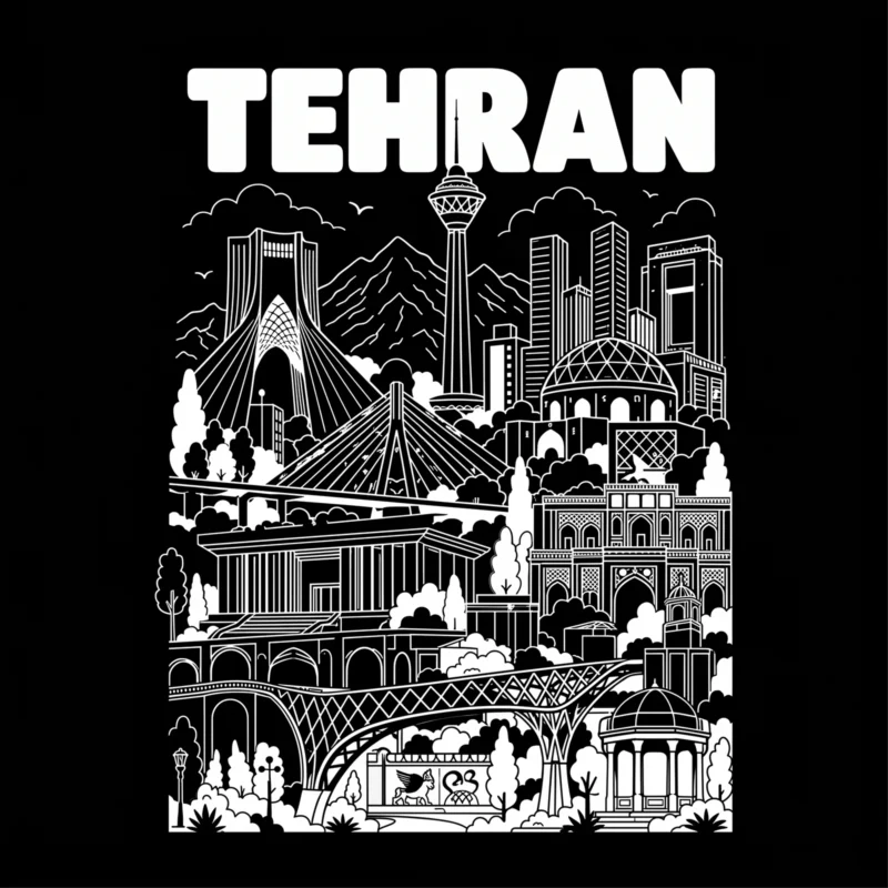 تیشرت مشکی پنبه ای با طرح سفید نمادهای شهر تهران و نوشته TEHRAN