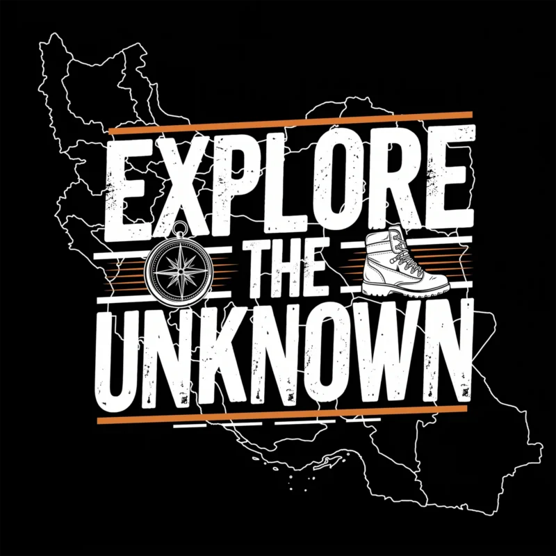 تیشرت مشکی پنبه ای با طرح نقشه ایران و عبارت EXPLORE THE UNKNOWN و قطب نما