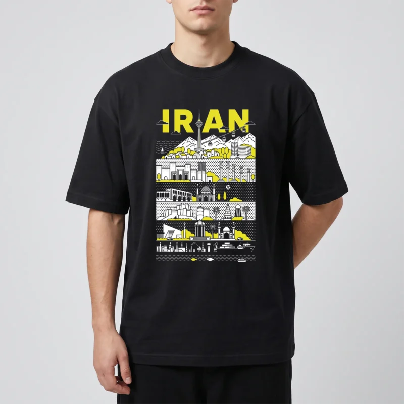 تیشرت مشکی پنبه ای با طرح گرافیکی لایه ای از نمادها و معماری ایران و نوشته زرد IRAN