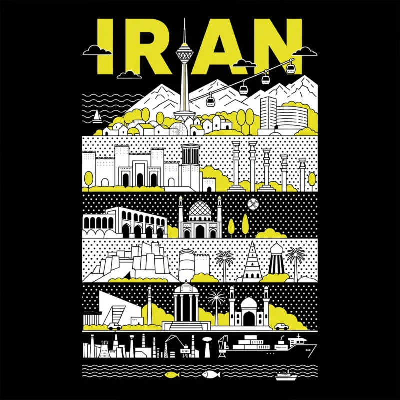 تیشرت مشکی پنبه ای با طرح گرافیکی لایه ای از نمادها و معماری ایران و نوشته زرد IRAN
