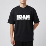 تیشرت مشکی پنبه ای با طرح سفید حروف IRAN و سیلوئت نمادهای تاریخی ایران