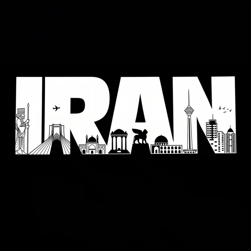 تیشرت مشکی پنبه ای با طرح سفید حروف IRAN و سیلوئت نمادهای تاریخی ایران