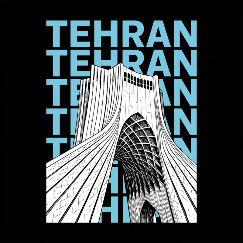 تیشرت مشکی پنبه ای با طرح برج آزادی و تایپوگرافی آبی TEHRAN